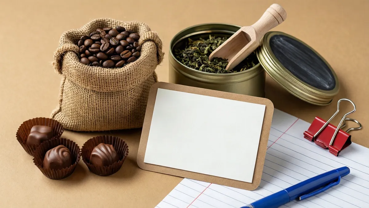 A brown paper bag spills coffee beans onto a wooden desk next to a glass jar, wrapped gifts, and office supplies.