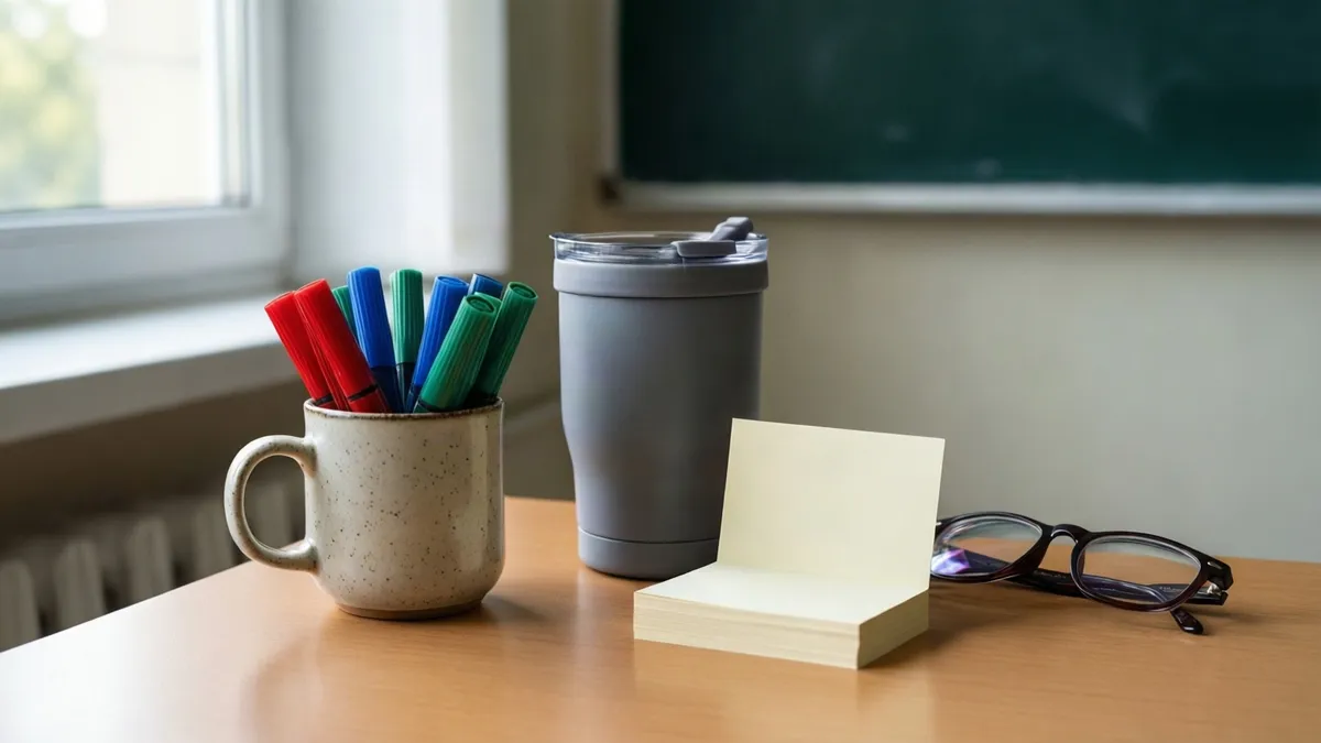 A speckled ceramic mug holding red, blue and green markers beside a grey insulated tumbler, a stack of blank cream note cards and folded reading glasses on a classroom desk by a window
