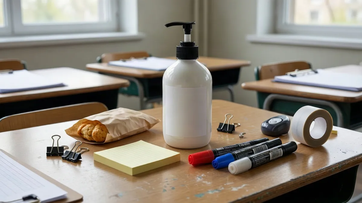 A white pump bottle sits on a wooden desk among snacks, paper, clips, tape, and markers in a classroom.