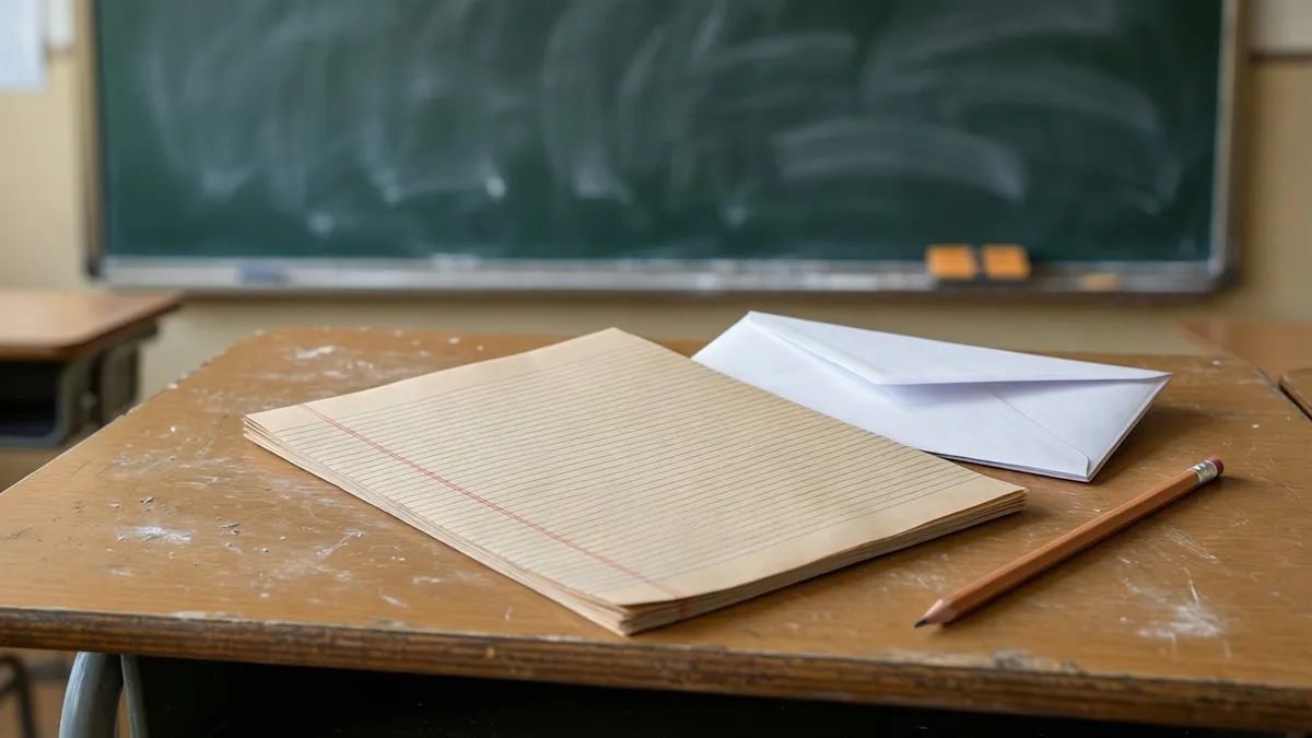 Lined paper, a white envelope, and an orange pencil rest on a wooden desk surface before a green chalkboard.